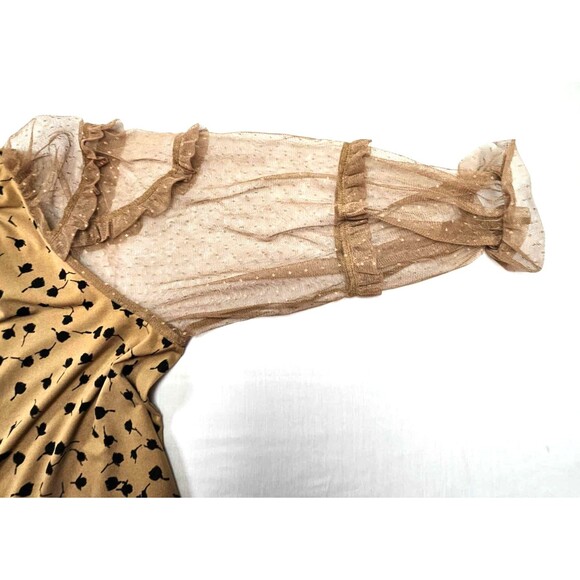 Cato Mixed Fabric Top Tan Black Floral Print Long Net Sleeves Women's Size 18/20 - Picture 9 of 11